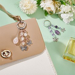 ガラス&天然アメジスト&水晶&ローズクォーツ&合金キーホルダー2個  鉄パーツ  ミックスカラー  8.5cm  2個/セット。&nbsp;KEYC-AR00005