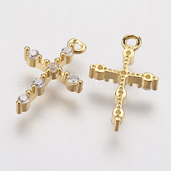 真鍮製マイクロパヴェキュービックジルコニアチャーム  クロス  ゴールドカラー  13.5x9x2.5mm  穴：1mm&nbsp;X-ZIRC-G133-07G