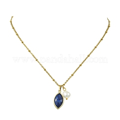 Natural Lapis Lazuli Faceted Horse Eye & Natural Pearl Pendant 304 Stainless Steel Satellite Chain Necklaces for Women&nbsp;NJEW-JN06057-01
