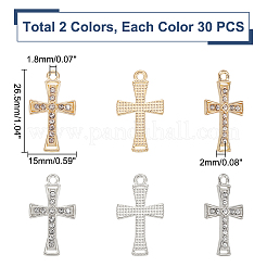 クリスタルラインストーンペンダント付き60色合金2個  クロスチャーム  プラチナ·ゴールデン  26.5x15x2mm  穴：1.8mm  30個/色&nbsp;ALRI-UN0001-04