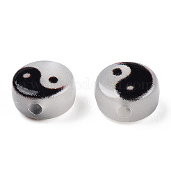 明るい透明なアクリルビーズ  陰陽模様とフラットラウンド  ブラック  7x4mm  穴：1.5mm&nbsp;X-LACR-T001-01