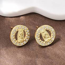 Brass Micro Pave Clear Cubic Zirconia Virgin Mary Stud Earrings&nbsp;EJEW-F400-23A-G