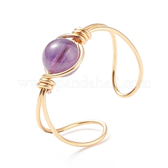Natural Amethyst Round Beaded Open Cuff Ring&nbsp;RJEW-TA00041-02
