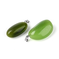 キャッツアイペンダント  ナゲットチャーム  201ステンレススチールスナップオンベイル付き  ステンレス鋼色  ライムグリーン  24~37x15~24x7~20mm  穴：6x2.5mm&nbsp;G-N360-07P-05