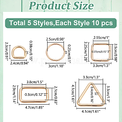 50スタイルのアイアンバックル留め具5個  ウェビング用  ストラップバッグ  服飾材料  正方形/三角形/長方形/長方形/Dリング  ゴールドカラー  41x41x4mm  穴：33x33mm  10個/スタイル&nbsp;IFIN-WR0001-12