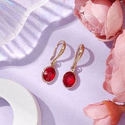楕円形の真鍮とガラスのペンダントが付いた女性用ダングルイヤリング  レッド  26x8mm&nbsp;EJEW-JE05938