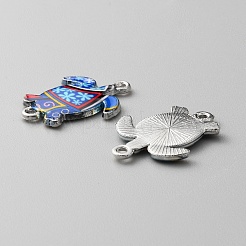 亜鉛合金エナメル コネクタ チャーム  プラチナ  花柄のウミガメリンク  ブルー  24x18x2mm  穴：1.7mm&nbsp;FIND-WH0136-19E