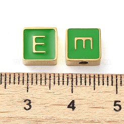 304ステンレススチールエナメルビーズ  14KGP本金メッキ  文字のある正方形  文字e  8x8x4mm  穴：2mm&nbsp;STAS-L022-293G-E