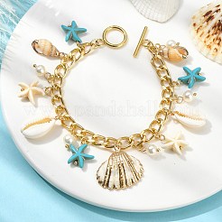 Natural Shell & Shell Pearl & Synthetic Turquoise Starfish Charm Bracelet&nbsp;BJEW-TA00352
