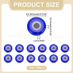 手作りのナザールボンジュウのランプワークビーズ  フラットラウンド  ブルー  9.5x3.5mm  穴：1.2mm  100個/セット&nbsp;LAMP-ME0001-16B