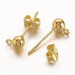 真鍮ポストピアスパーツ  カン付き  ニッケルフリー  ゴールドカラー  15x6mm  穴：1mm  ピン：0.8mm  ボール：4mm&nbsp;X-EC593-G-NF