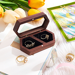 2スロット木製カップルリング収納ボックス  透明窓の結婚指輪ケース  マグネットクラスプとベルベットの内側  六角  ブラック  9.6x5x2.95cm  内径：45x35mm&nbsp;CON-WH0087-42C