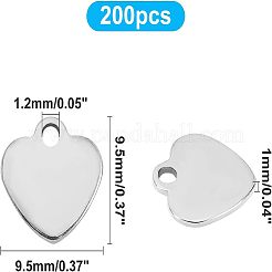201個のステンレススチールレーザーカットチャーム  空白のスタンピングタグ  ハート  ステンレス鋼色  9.5x9.5x1mm  穴：1.2mm  200個/箱&nbsp;STAS-UN0019-89P