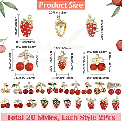40個20スタイルのストロベリー＆チェリー合金ペンダント  エナメル＆ラインストーン付き  プラチナ·ゴールデン  レッド  13.5~23x13~20x2.5~5.5mm  穴：1.6~2mm  2個/スタイル&nbsp;FIND-SC0019-91