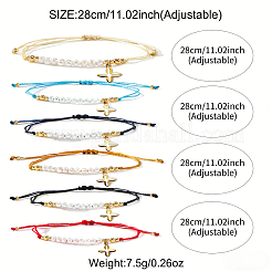 304ステンレススチール製クロスチャームブレスレット 6個  真鍮と模造パールを使用した丸型ビーズの調節可能なレディースブレスレット  ミックスカラー  11.02インチ（28cm）&nbsp;NZ8647-7