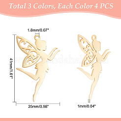 12個3色201ステンレスペンダント  レーザー切断  妖精  ミックスカラー  41x25x1mm  穴：1.8mm  4個/カラー&nbsp;STAS-DC0006-29
