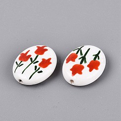 Hand Painted Tulip Flower Oval Porcelain Beads&nbsp;PORC-N012-11A