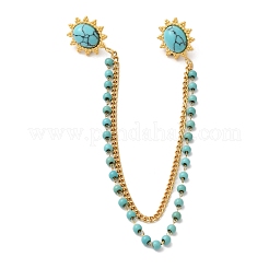 304 Stainless Steel Pave Dyed Synthetic Turquoise Hanging Chain Brooch&nbsp;JEWB-S021-04G-02