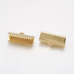 304ステンレススチールリボンカシメエンドパーツ  長方形  ゴールドカラー  9x20mm  穴：1x3mm&nbsp;STAS-G187-24G-20mm