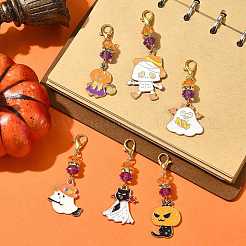 6本合金エナメルペンダントデコレーション  アクリルビーズと合金のロブスタークロウ留め具付き  混合図形  ゴールドカラー  ミックスカラー  55~65mm&nbsp;HJEW-FS00059