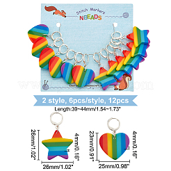 12Pcs 2 Style Striped Plastic Rainbow Heart & Star Charm Locking Stitch Markers&nbsp;HJEW-PH01681