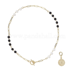 Shell Pearl Beads & Black Stone Chain Necklaces&nbsp;NJEW-JN05109