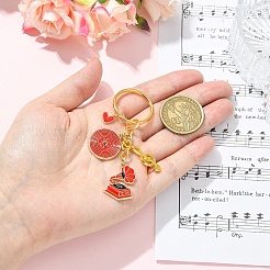合金エナメルディスク、蓄音機、音符のペンダント装飾  鉄のスプリットキーリング付き  ゴールドカラー  レッド  77mm&nbsp;KEYC-YW00286-01