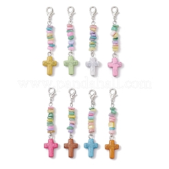 Synthetic Turquoise Cross with Natural Freshwater Shell Nuggets Pendant Decorations&nbsp;HJEW-JM04256