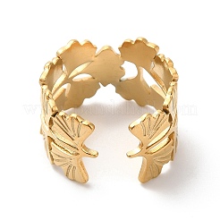 Ion Plating(IP) 304 Stainless Steel Gingko Leaf Open Cuff Ring for Women&nbsp;RJEW-K245-42G
