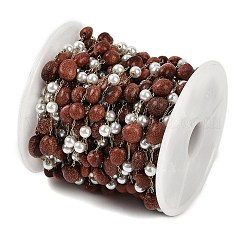 イオンプレーティング(IP) 304 ステンレススチール ペーパークリップチェーン  合成ゴールドストーンビーズとABSプラスチックパール付き  18KGP本金メッキ  11x7x4x5mm  約32.81フィート（10m）/ロール&nbsp;CHS-D037-01J