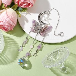 合金中空月蝶吊り飾り  天然アメジストチップとガラスの丸いタッセルサンキャッチャー、家庭菜園の装飾用  270mm&nbsp;HJEW-TA00173-01