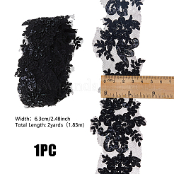 2ヤードのポリエステル製フラワー刺繍レーストリム、ガラスビーズ付き  服飾材料  ブラック  2-1/2インチ（63mm）  約2.00ヤード（1.83m）/セット&nbsp;OCOR-DC0001-27B