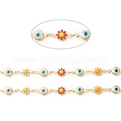 エナメルの花とガラスのナザールボンジュウリンクチェーン  真鍮パーツ  長持ちメッキ  ハンダ付け  スプールで  カラフル  13x6.5x3mm  13x7x2.5mm&nbsp;CHC-E024-10G