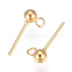 202 ステンレススチールボールスタッドピアス金具  304ステンレススチールのピンとループ付き  ラウンド  18KGP本金メッキ  15mm  穴：1.7mm  ピン：0.7mm&nbsp;STAS-F141-06G-4mm