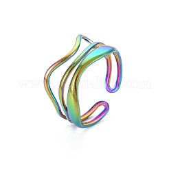 Rainbow Color 304 Stainless Steel Wave Wire Wrap Open Cuff Ring for Women&nbsp;RJEW-N038-047M
