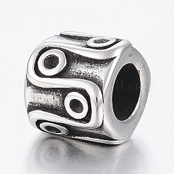 304ステンレススチールヨーロピアンビーズ  大穴ビーズ  コラム  アンティークシルバー  9x8.5mm  穴：5mm&nbsp;STAS-F150-060AS