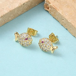Fish Brass Micro Pave Clear Cubic Zirconia Stud Earrings&nbsp;EJEW-Z144-17G