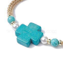 Synthetic Turquoise Cross & Imitation Pearl Braided Bead Bracelet&nbsp;BJEW-JB09743