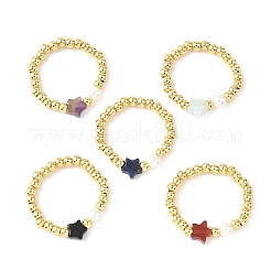 宝石の指輪  スター  真鍮と貝殻のパールビーズ付き  3~6mm  内径：20mm&nbsp;RJEW-JR00959