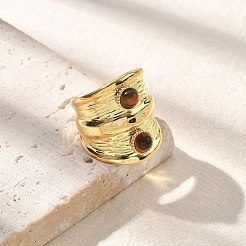 天然タイガーアイの指輪  女性用304ステンレススチールワイドオープンカフリング  18KGP本金メッキ  26mm  調整可能&nbsp;STAS-Z112-06G