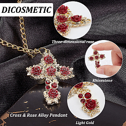 16 個ラックメッキ合金ペンダント  ABS樹脂とラインストーン入り  カドミウムフリー＆鉛フリー  濃い赤のバラの花と交差する  ライトゴールド  37x29x4.5mm  穴：1.6mm&nbsp;FIND-DC0001-99