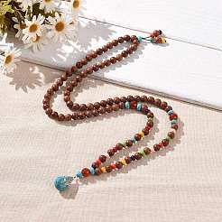 Wood & Natural Carnelian & Synthetic Turquoise Beaded Necklaces&nbsp;NJEW-JN04136