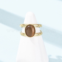 304ステンレススチールとガラスのキャットアイカフリング（女性用）  オーバル  イオンプレーティング（ip）  18KGP本金メッキ  ミックスカラー  11.5x9.5mm  usサイズ7（17.3mm）&nbsp;RJEW-K309-40G