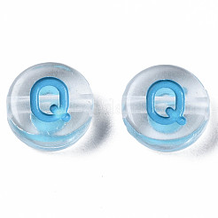 無色透明アクリルビーズ  水平穴  混合色の文字が付いたフラットラウンド  文字.q  7x3.5mm  穴：1.2mm  約3700個/500g&nbsp;MACR-N008-56Q