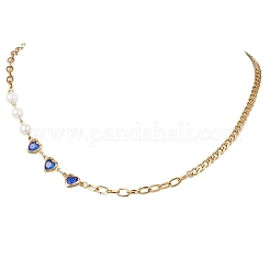 2Pcs 2 Colors Round White Shell Pearl & Heart 304 Stainless Steel Glass Link Chain Necklaces for Women&nbsp;NJEW-JN05594