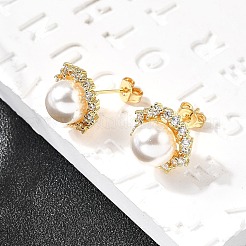 Round Brass Micro Pave Clear Cubic Zirconia Stud Earrings&nbsp;EJEW-C154-07G