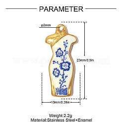 プリントされた304ステンレス鋼にエナメル加工を施したペンダント  イオンプレーティング（ip）  花柄のチャームが付いたチャイナドレス  鏡面研磨仕上げ  藤紫色  18KGP本金メッキ  23x10mm  穴：2mm&nbsp;SA-OY002-97G