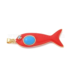 Fish Brass Micro Pave Cubic Zirconia Pendants, with Enamel & Synthetic Turquoise, Rack Plating, Long-Lasting Plated, Lead Free & Cadmium Free, Red, 43x16x9mm, Hole: 4x3.5mm
