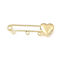 Heart Brass Safety Pins Brooch Findings, Kilt Pins with Triple Loops for Lapel Pin Making, Cadmium Free & Lead Free & Nickel Free, Real 18K Gold Plated, 11.5x39.5x4.5mm, Hole: 1.5mm