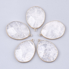 Natural Quartz Crystal Pendants, Rock Crystal Pendants, with Brass Findings, Faceted, teardrop, Golden, 44~45x31.5x8mm, Hole: 2.5mm